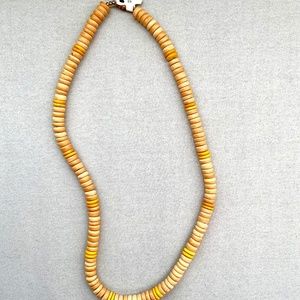 VINTAGE NEUTRAL LIGHT GRAIN & YELLOW WOOD BEAD NECKLACE 22” FLAT DISCS UNISEX